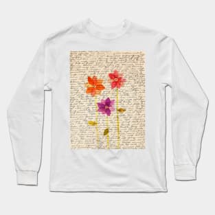 Flowers composition on aged handwriting page Long Sleeve T-Shirt